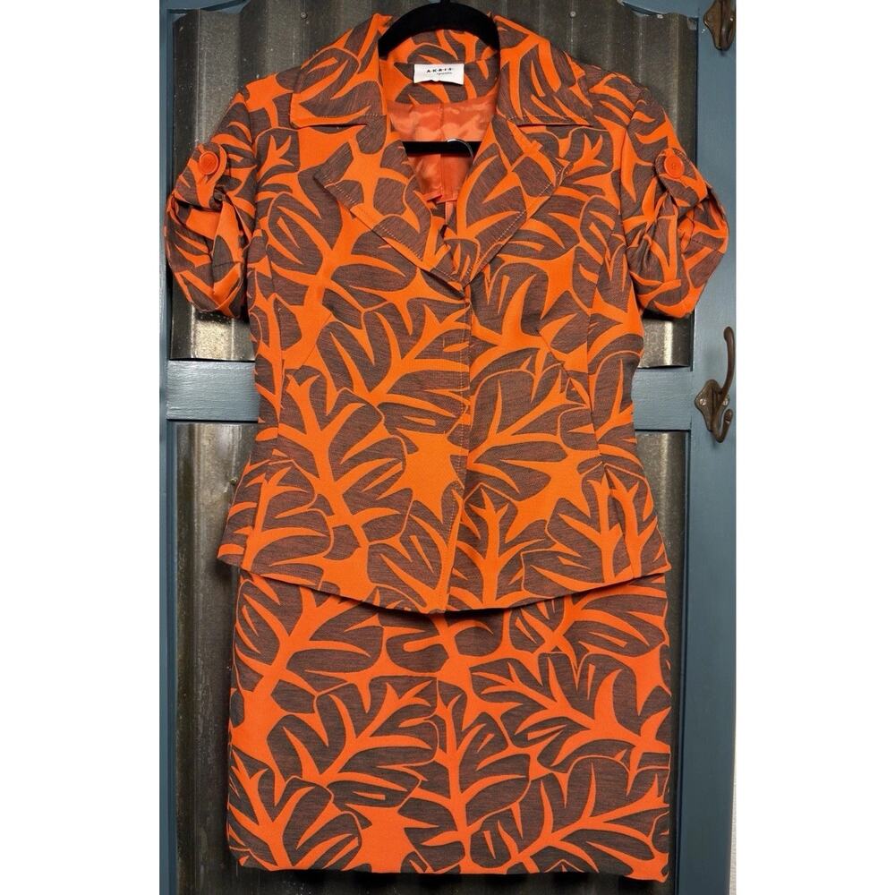 Akris Punto Leaf Orange Brown Luxury Tailored Jacquard Skirt Set Womens Size 4
